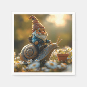 Whimsical Gnome on Snail Ride Magical Garden Scene Napkin