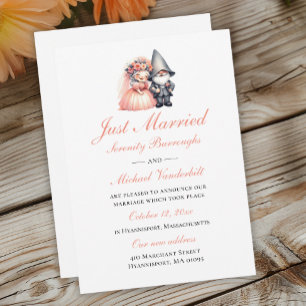 Whimsical Gnome Orange Garden Just Married Wedding Announcement