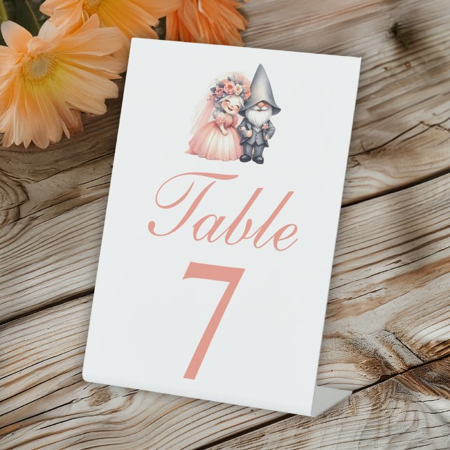 Whimsical Gnome Orange Wedding Table Number  Pedestal Sign (Creator Uploaded)
