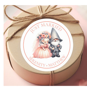 Whimsical Gnome Wedding Just Married Favour Classic Round Sticker