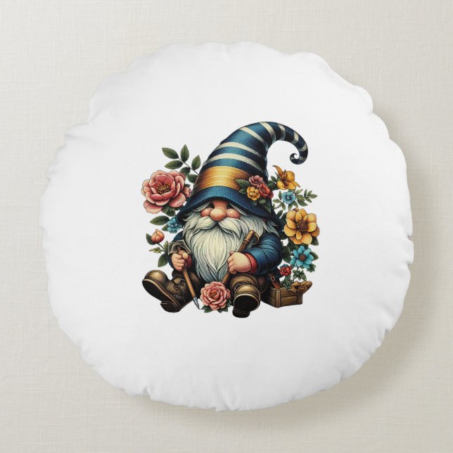 Whimsical Gnome with Flowers Round Cushion (Front)