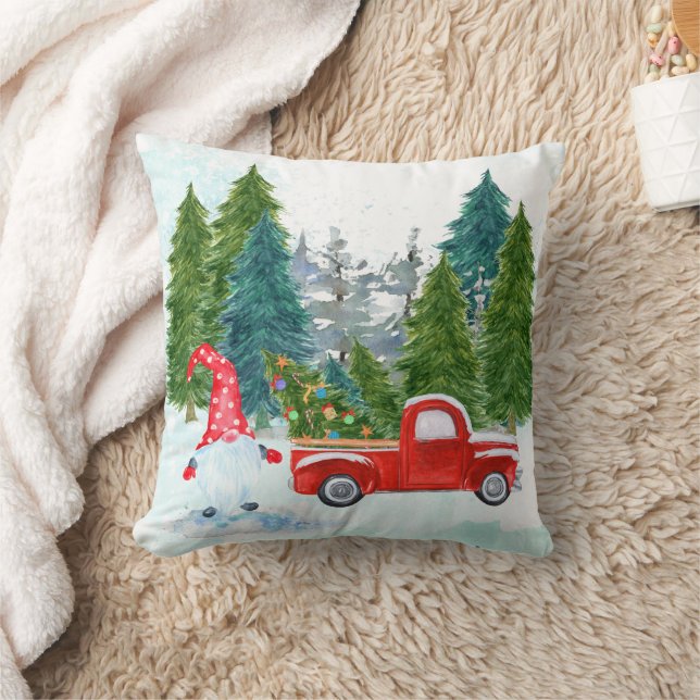 Whimsical Gnome with Red Truck Christmas Cushion (Blanket)