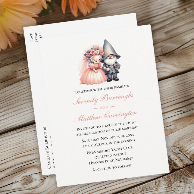 Whimsical Gnome Woodland Orange Garden Wedding Invitation Postcard (Creator Uploaded)