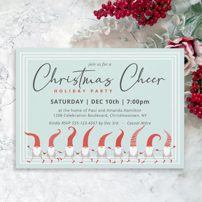 Whimsical Gnomes Christmas Cheer Holiday Party Invitation (Available in both printed and instant download digital formats.)