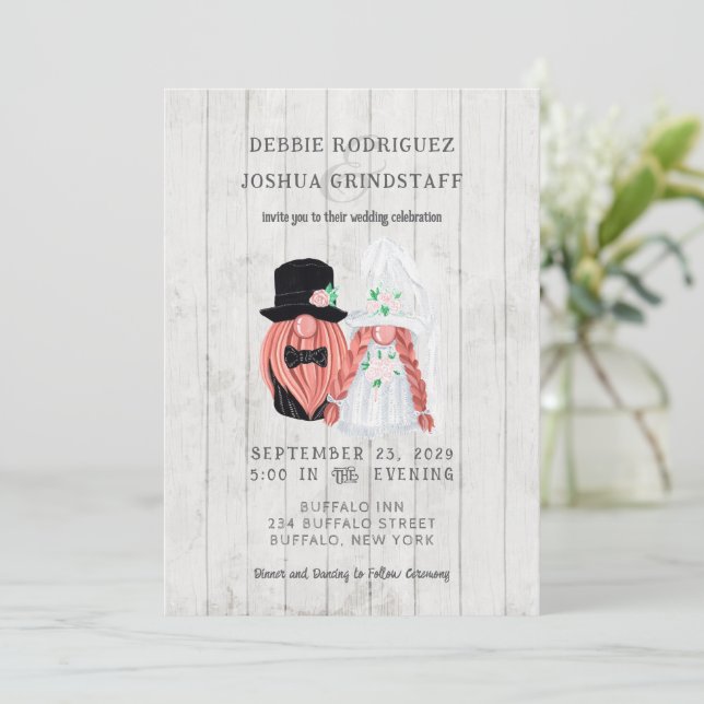 Whimsical Gnomes Fun Wedding Invitation  (Standing Front)