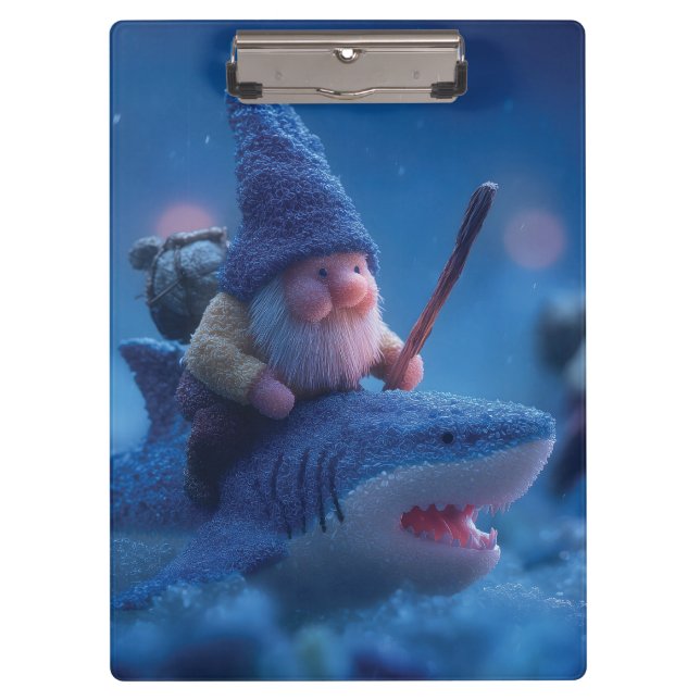 Whimsical Gnomes Riding on Sharks Clipboard (Front)