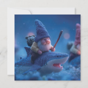 Whimsical Gnomes Riding on Sharks Holiday Card