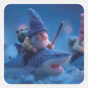 Whimsical Gnomes Riding on Sharks Square Sticker