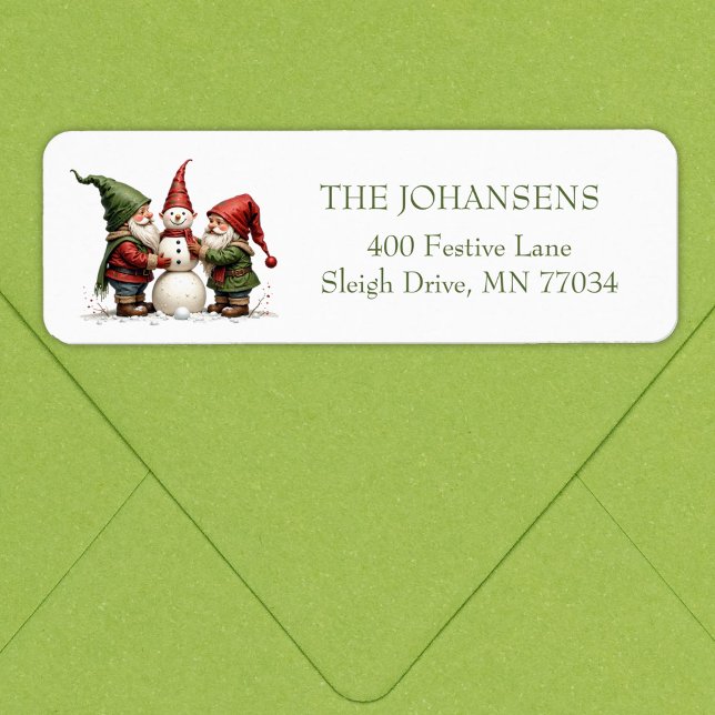 Whimsical Gnomes Snowman Christmas Return Address  (Christmas Gnomes building a Snowman. Personalize it!)