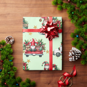 Whimsical Gnomes, Trucks and Gold Foil Stars Wrapping Paper