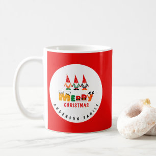 Whimsical Gnomes with Name Red Merry Christmas Coffee Mug