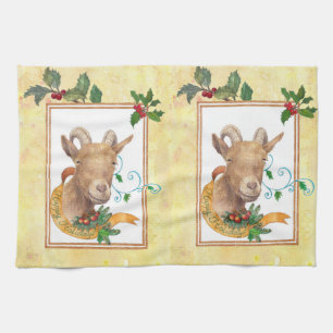 Whimsical Goat Christmas Greetings Tea Towel