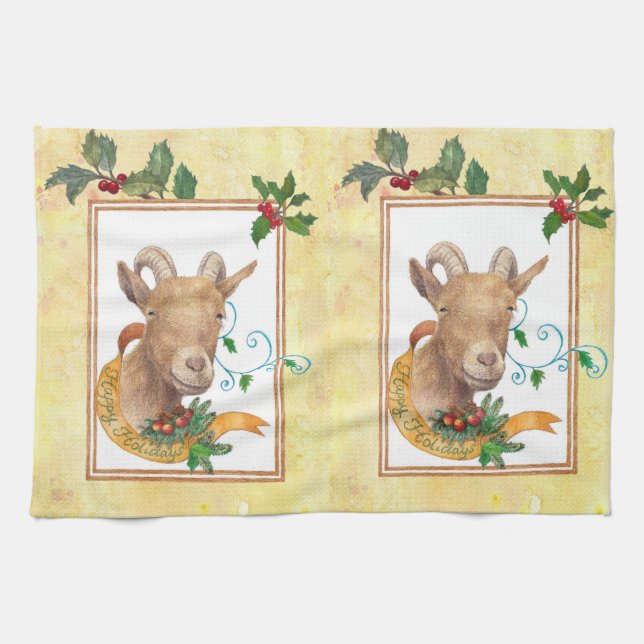 Whimsical Goat Christmas Greetings Tea Towel (Horizontal)
