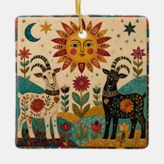Whimsical Goats Folk Art Ceramic Ornament