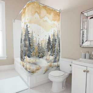 Whimsical Gold and Grey Winter in the Woods Shower Curtain