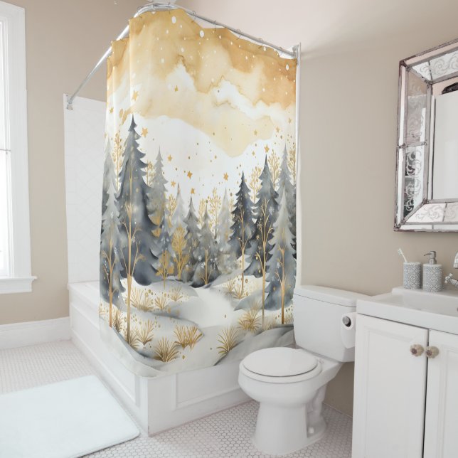 Whimsical Gold and Grey Winter in the Woods Shower Curtain (In Situ)