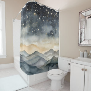 Whimsical Gold and Navy Mountains Starry  Night Shower Curtain