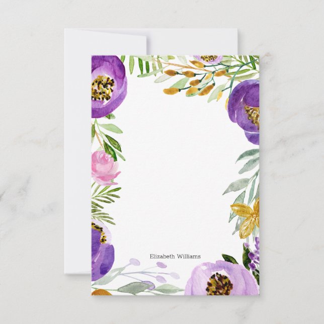 Whimsical Gold and Purple Ultraviolet Floral Note Card (Front)