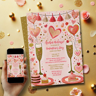 Whimsical Gold and Red Galentine's Day Party Invitation