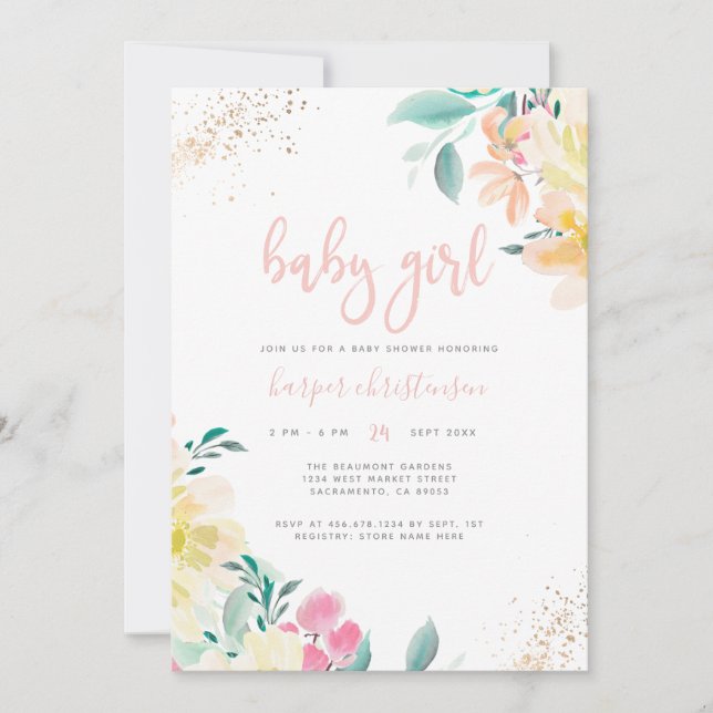 Whimsical Gold Blush Pink Floral Girl Baby Shower Invitation (Front)