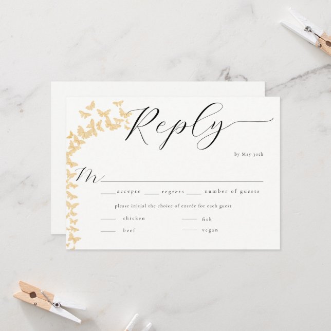 Whimsical Gold Butterflies Boho Wedding Meal RSVP (Front/Back In Situ)
