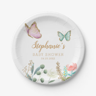 Whimsical Gold Butterfly Garden Baby Shower Paper Plate