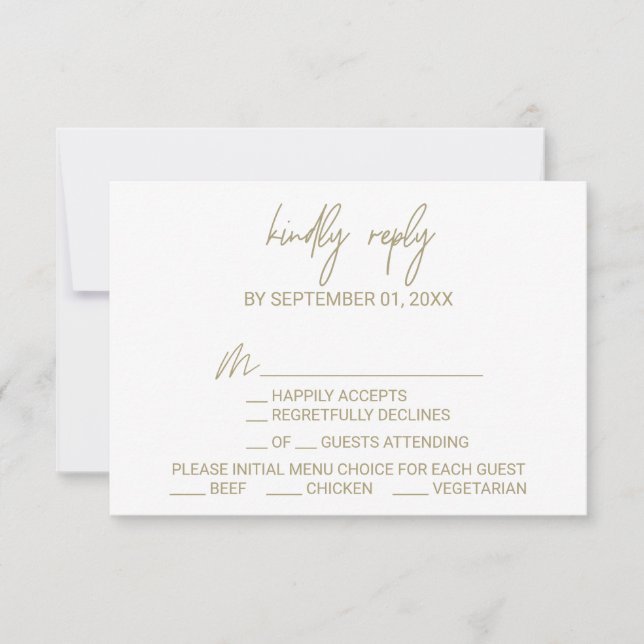 Whimsical Gold Calligraphy Menu Choice RSVP Card (Front)