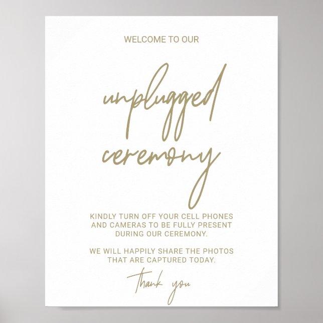 Whimsical Gold Calligraphy Unplugged Ceremony Sign (Front)