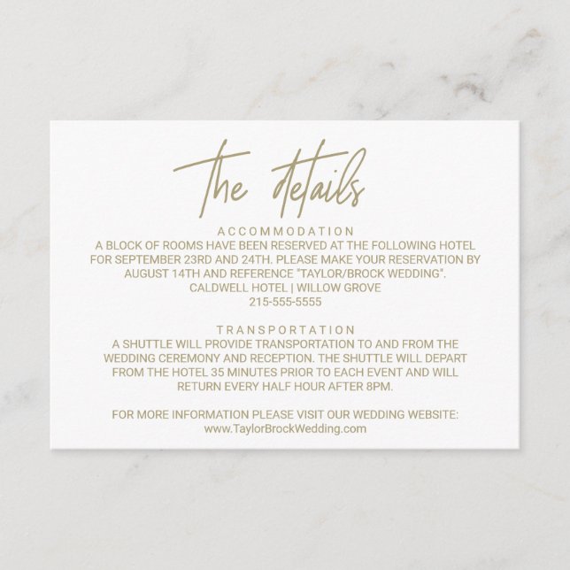 Whimsical Gold Calligraphy Wedding Details Card (Front)