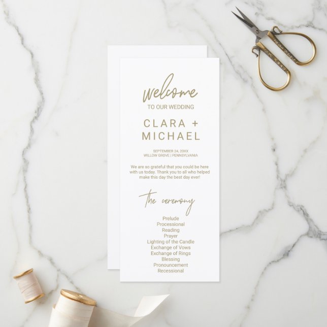 Whimsical Gold Calligraphy Wedding Programme (Front/Back In Situ)