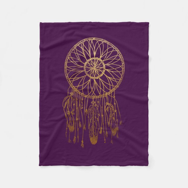 Whimsical Gold Dream Catcher Purple Girly Fleece Blanket (Front)