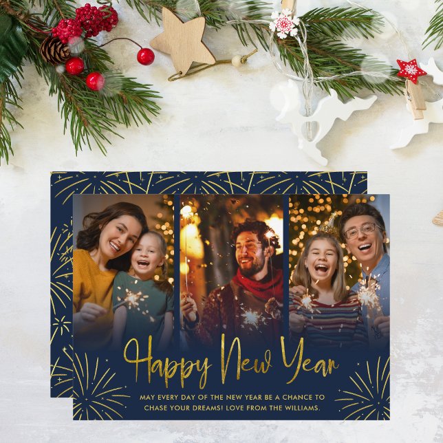 Whimsical Gold Fireworks Happy New Year Photo  Holiday Card (Creator Uploaded)