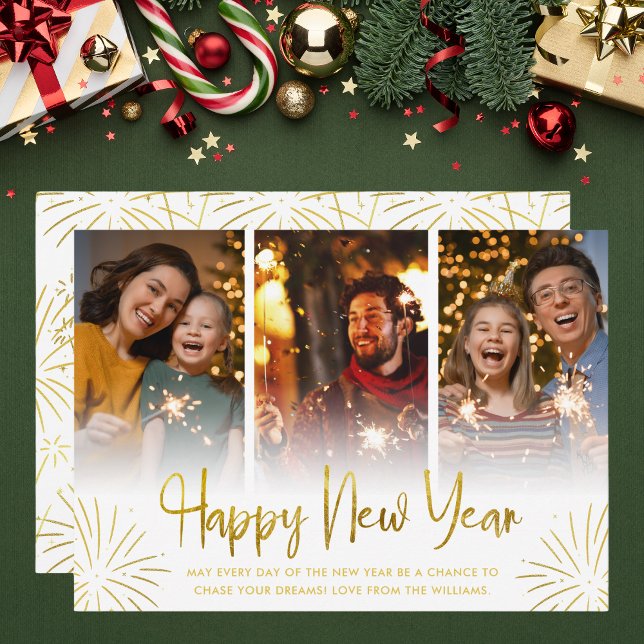 Whimsical Gold Fireworks Happy New Year Photo  Holiday Card (Creator Uploaded)