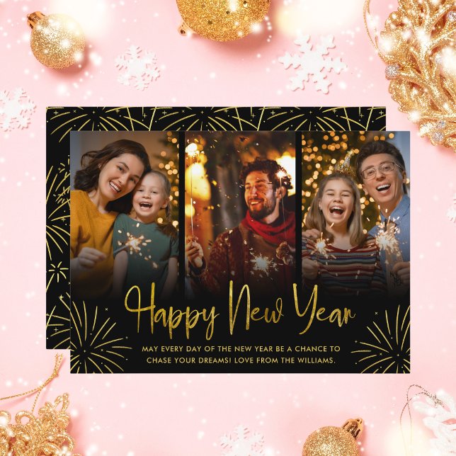 Whimsical Gold Fireworks Happy New Year Photo  Holiday Card (Creator Uploaded)