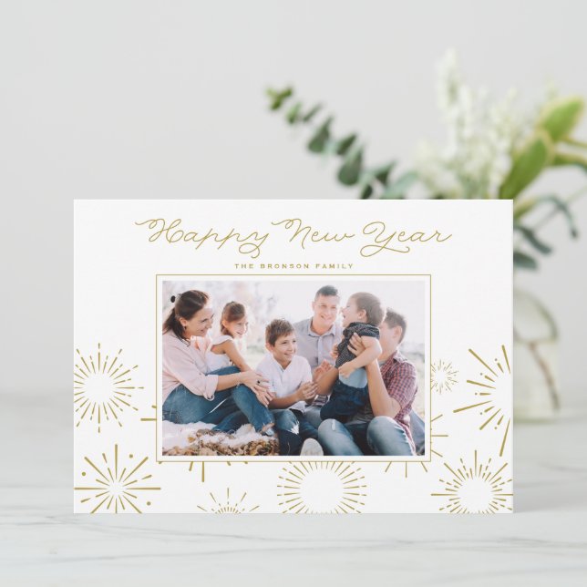 Whimsical Gold Fireworks Happy New Year Photo Holiday Card (Standing Front)
