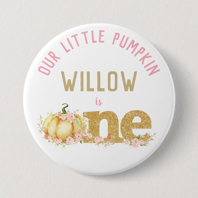 Whimsical Gold Glitter Pumpkin 1st Birthday Girl 7.5 Cm Round Badge (Front)