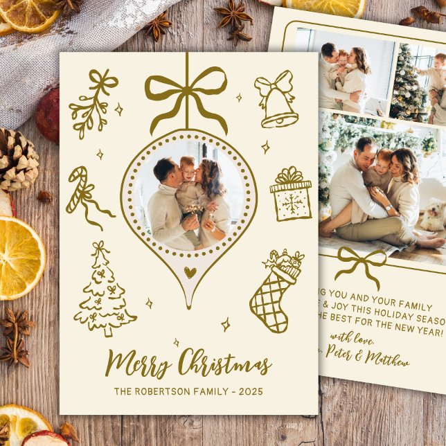 Whimsical Gold Hand Drawn Photo Merry Christmas Holiday Card (Creator Uploaded)
