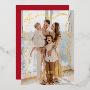 Whimsical Gold Ribbon Family Photo Merry Christmas Foil Holiday Card