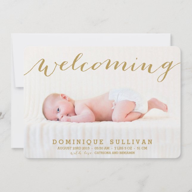Whimsical Gold Script Photo Birth Announcement (Front)