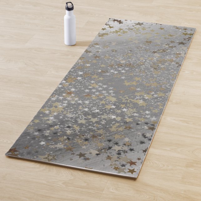 Whimsical Gold Silver Stars Glitter on Ombre Grey Yoga Mat (In Situ)