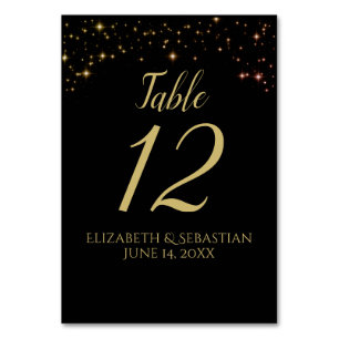 Whimsical Gold Sparkles on Black Wedding Reception Table Number