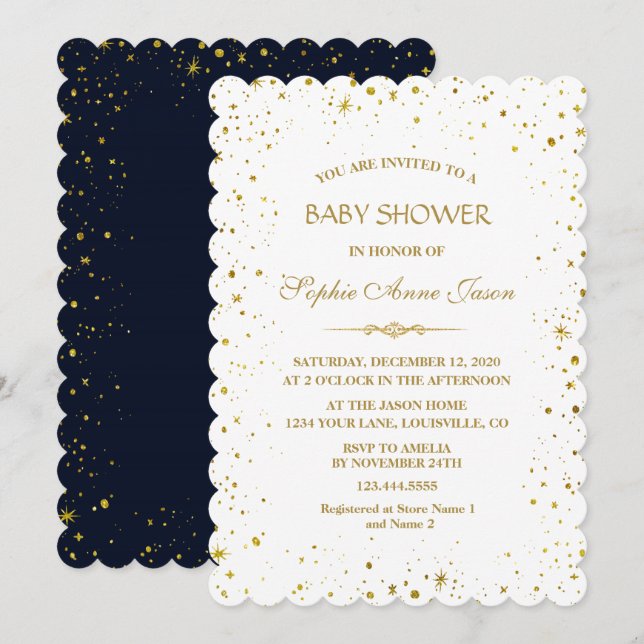 Whimsical Gold Starry Night Baby Shower Invitation (Front/Back)