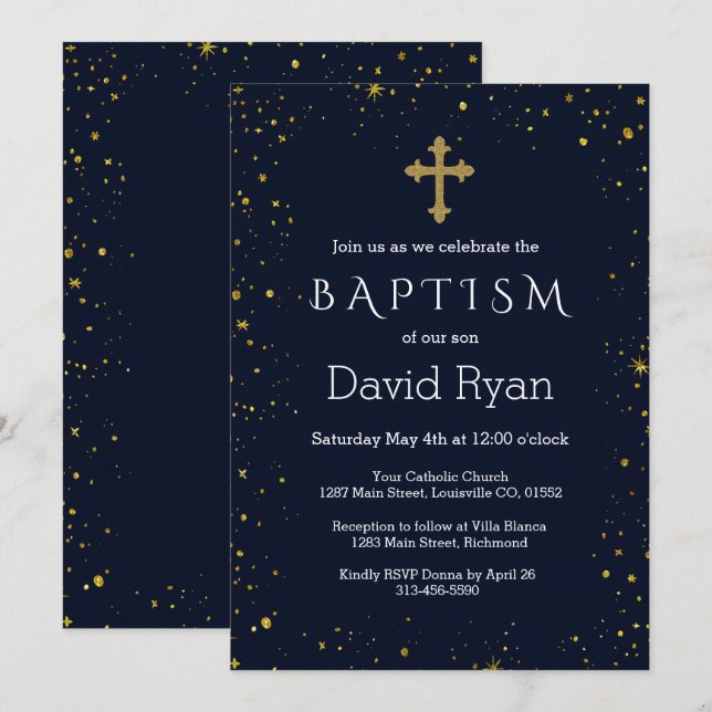 Whimsical Gold Starry Night Boy Baptism Invitation (Front/Back)