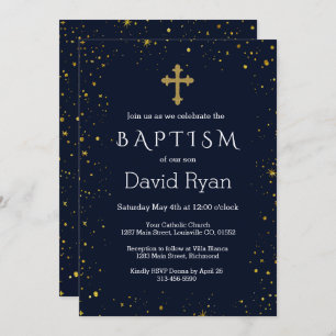 Whimsical Gold Starry Night Boy Baptism Invitation