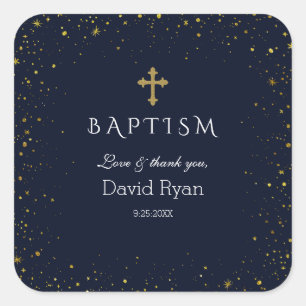 Whimsical Gold Starry Night Boy Baptism Square Sticker