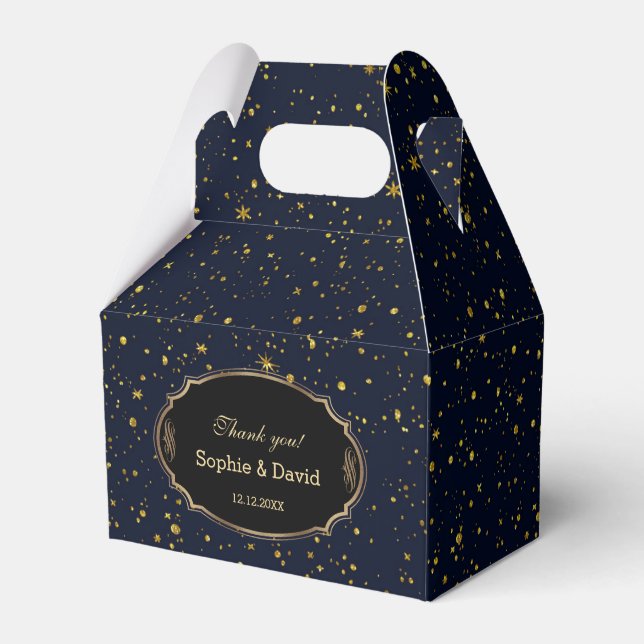 Whimsical Gold Starry Night Navy Blue Wedding Favour Box (Front Side)