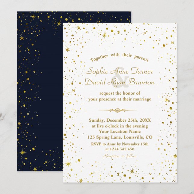 Whimsical Gold Starry Night Navy Blue Wedding Invitation (Front/Back)