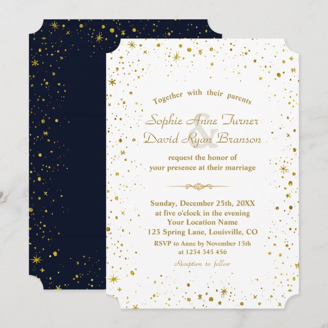 Whimsical Gold Starry Night Navy Blue Wedding Invitation (Front/Back)