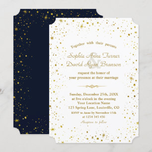 Whimsical Gold Starry Night Navy Blue Wedding Invitation