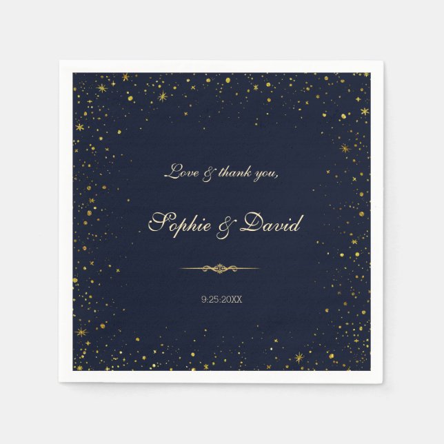 Whimsical Gold Starry Night Wedding Napkin (Front)